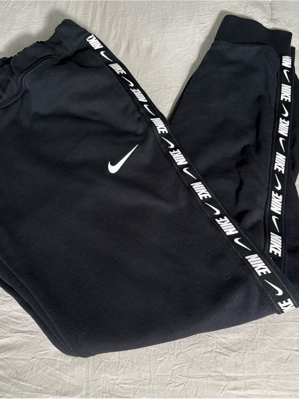 Nike Black Joggers with White Swoosh and Logo Tape